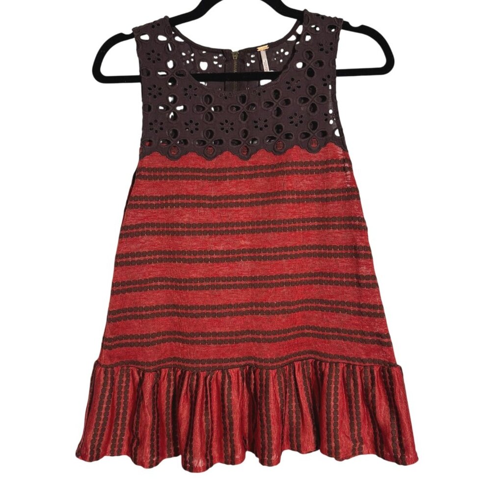 Free People Sleeveless Top Brown Red Striped Size XS Cotton Blend Boho